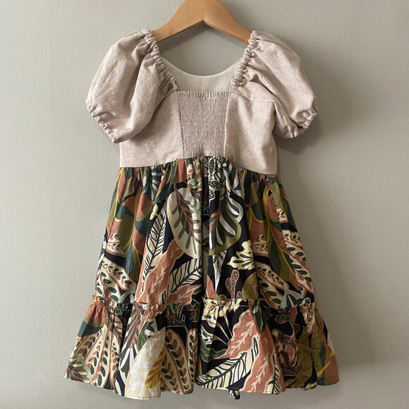 Handmade Children's Linen Rayon Viscose Cotton Cream Multicolour Pattern Dress - Picture 2 of 16